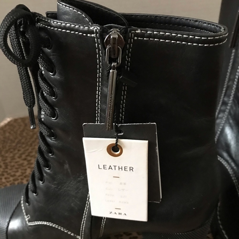 Zara Leather High Heel Ankle Boots Lug Soles Black - Picture 8 of 10